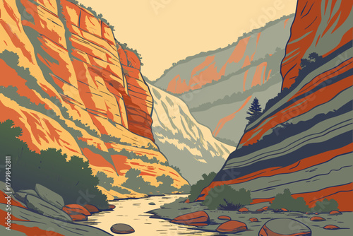 Mineral canyon with color-striped rock layers, curving cliff forms, soft afternoon sun glow