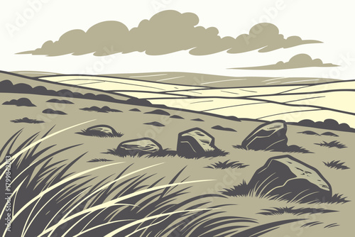 Rolling moorland with tall grass strokes, scattered stone formations, cloudy northern sky mood