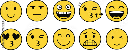 Collection of ten yellow emoji faces expressing various emotions and feelings