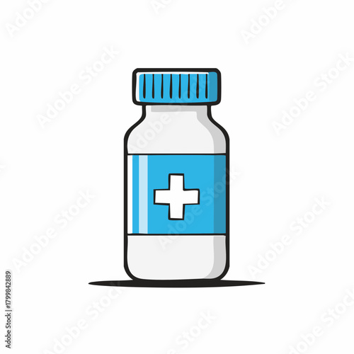 A classic medicine pill bottle with a first aid cross on the label. This vector icon symbolizes healthcare, pharmacy services, and medical treatment