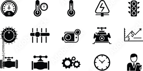 Collection of industrial and technical icons representing control measurement and warning symbols