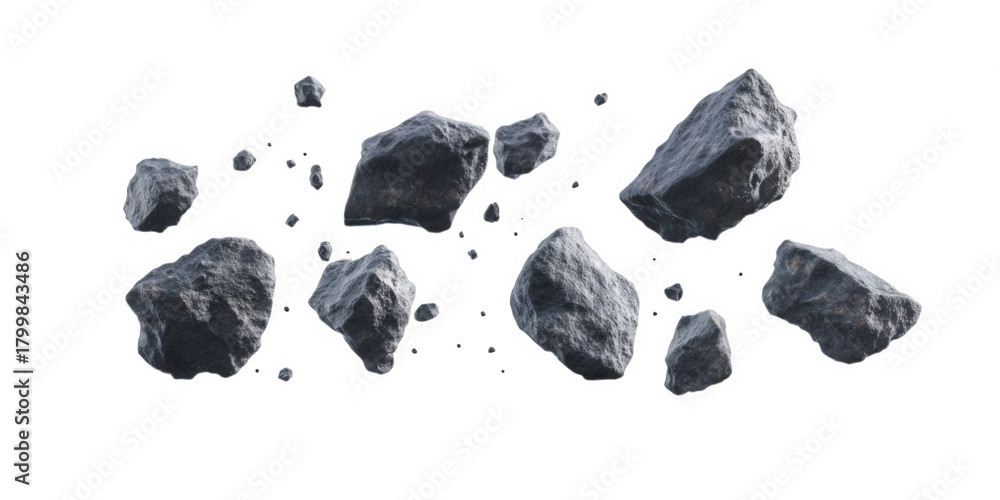 Naklejka premium Collection of dark, jagged rocks and stones scattered across a transparent background, creating a sense of ruggedness and natural texture isolated on transparent background