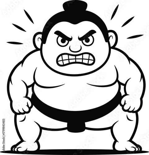 Angry sumo wrestler cartoon illustration with fierce expression, clenched fists, topknot hairstyle, and traditional mawashi belt