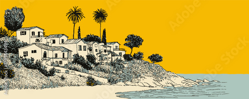 A yellow background with a drawing of a beach and houses. The houses are white and the beach is next to the ocean