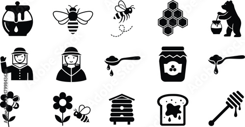 Collection of stylized black and white icons representing beekeeping and honey production elements