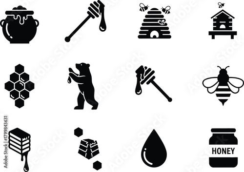 Collection of black and white icons representing honey bees beekeeping and sweet honey products