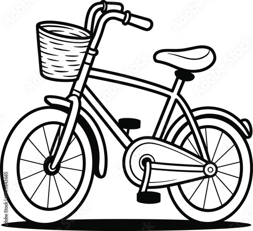 Bicycle line illustration with front basket, curved handlebars, padded seat, and spoked wheels in black vector style