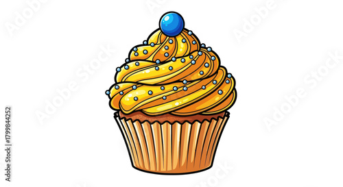Delicious cupcake with yellow frosting and a blue candy on top of it.