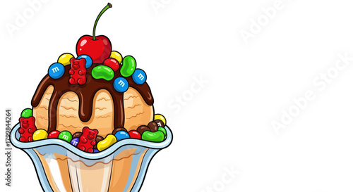 Delicious ice cream sundae with chocolate syrup and colorful candies.