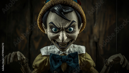 Creepy puppet stares with piercing eyes in eerie light, perfect Halloween horror story