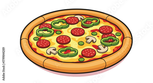 Delicious Cartoon Pizza with Pepperoni, Green Peppers, and Mushrooms.