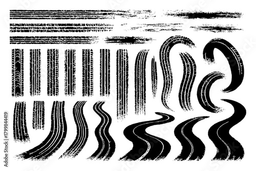 Tire  Tread Skid Marks Set – Drift, Launch & Powerslide Tracks for Motorsport, Rally, Off-Road & Motocross — Dirty Asphalt, Sand, Splash Effects — Vector Illustration