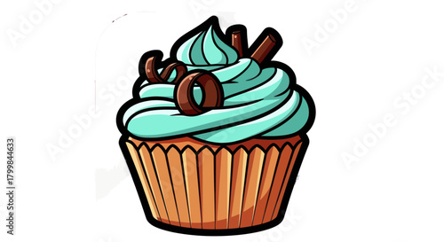 Delicious Cupcake with Blue Frosting and Chocolate Decorations.