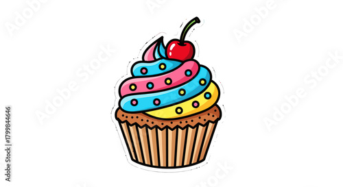 Delicious cupcake with colorful frosting and a cherry on top.