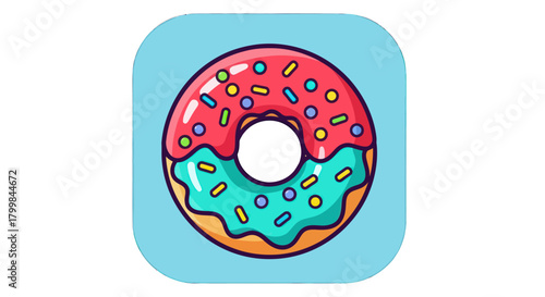 Delicious glazed donut with colorful sprinkles on a light blue background.