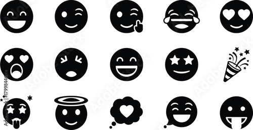 Collection of black and white emoji faces expressing various emotions and a party popper