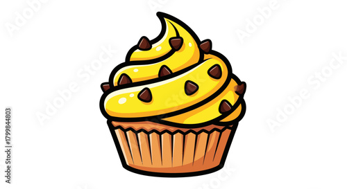 Delicious Cupcake with Yellow Frosting and Chocolate Chips Illustration.