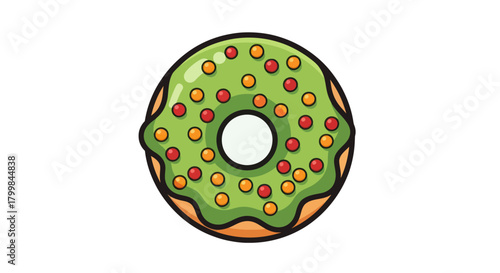 Delicious green glazed donut with colorful sprinkles isolated on white background.