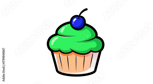 Delicious Green Frosted Cupcake with a Blue Cherry Topping.