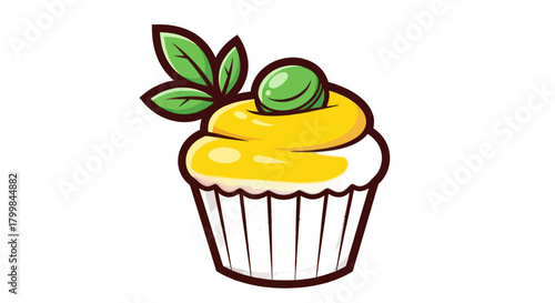 Delicious Cupcake with Yellow Frosting and Green Leaf Decoration Illustration.