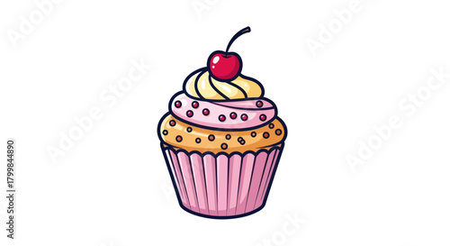Delicious Cupcake with Cherry Topping - A Sweet Treat Illustration.
