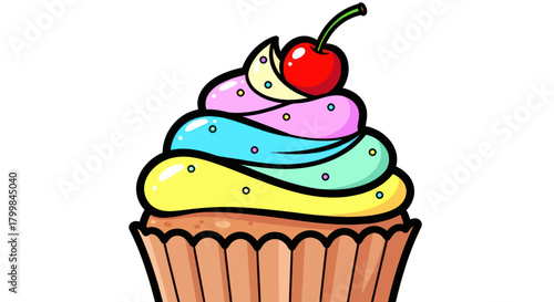 Delicious colorful cupcake with cherry on top, perfect dessert treat.