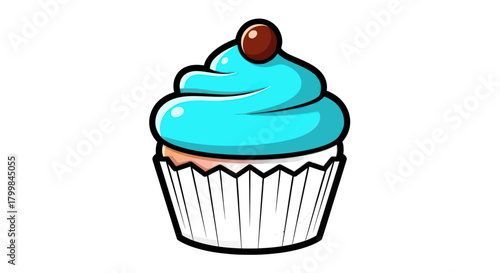 Delicious cupcake with vibrant blue frosting and a cherry on top is a sweet treat.