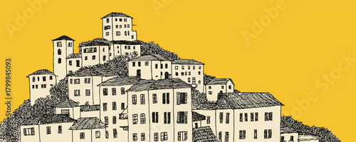 Obraz na płótnie A drawing of a hillside with a row of houses