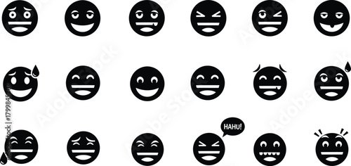 Collection of black and white cartoon emoji faces expressing various emotions and moods