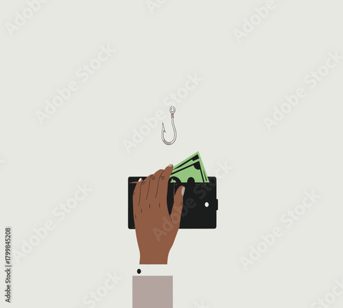 Illustration of a hand reaches for money on a fishing hook, illustrating financial risk and the temptation of quick gains, isolated on white background