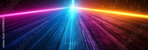 Abstract Light Beam: The image showcases a convergence of radiant, colored light beams emanating from a central point, illustrating the concepts of energy and dynamic movement.