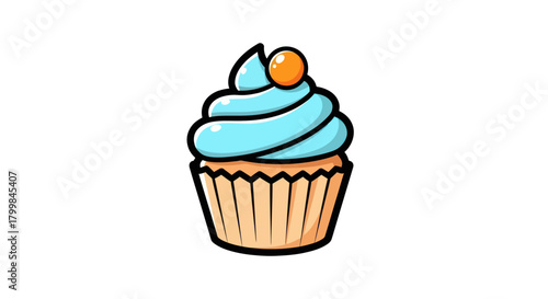 Delicious cupcake with light blue frosting and a small orange candy on top.