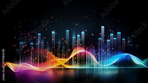 Vibrant Soundscape: An abstract representation of sound waves pulsates with dynamic colors, conveying the essence of music, data visualization, or technological advancement. 