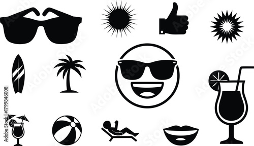 Collection of black and white summer vacation icons and symbols for design