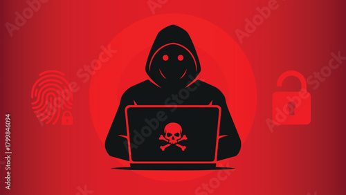 silhouette of a hooded hacker sitting at a laptop displaying a warning skull icon, set against a red background with security symbols. Concept for cybercrime, security breaches, malware, data danger