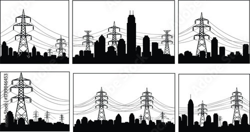 City skylines with transmission towers silhouette vector set, urban electricity infrastructure illustration, power distribution artwork, energy system concept, electrical grid design elements