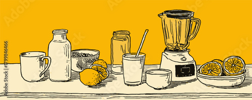 A table with a blender, a cup, a bowl, a bottle, and a spoon. The blender is on the right side of the table