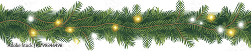 Christmas pine garland with glowing lights in warm yellow and cool white tones, detailed needles in black vector style