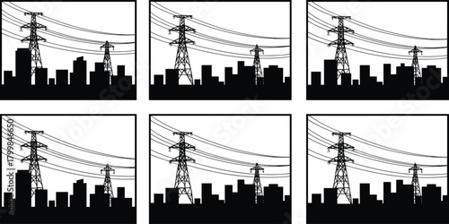 Cityscape with transmission towers silhouette vector, urban skyline and power line illustration, electricity infrastructure artwork, energy distribution system design concept