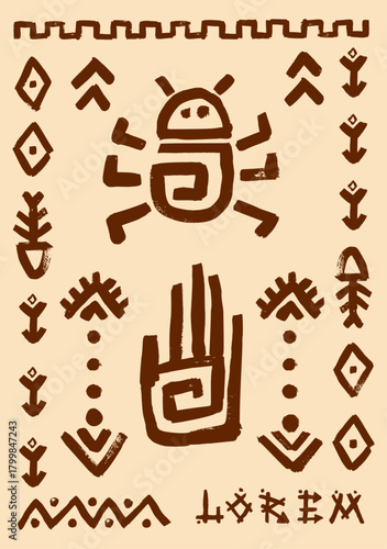 Ancient tribal symbol in african aztec maya style featuring ethnic idol logo icon with palm hand bug motifs on beige background distressed vector illustration for cultural designs.