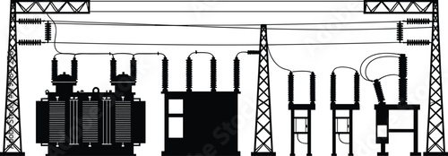 Electrical substation schematic illustration, transformers and circuit breakers vector artwork