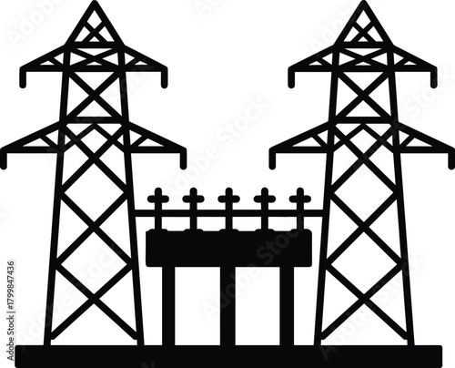 Electrical substation silhouette vector, transmission towers with lattice design illustration, power distribution infrastructure artwork, energy system concept, electricity grid representation