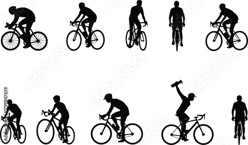 Cyclist silhouette set with racing, casual riding, victory pose, and diverse bike postures in black vector style