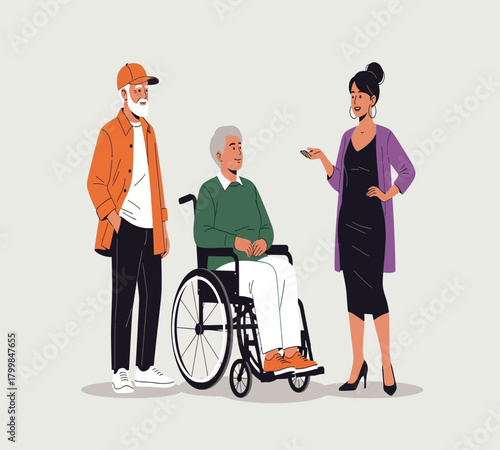 Illustration of a group of people stand together, including an elderly man in a wheelchair, illustrating care and support, isolated on white background