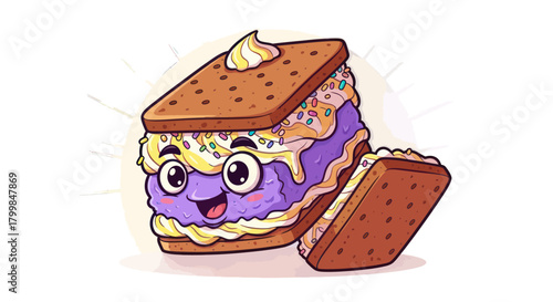 Cute purple ice cream sandwich character with a happy smiling face.