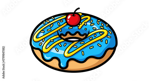 Delicious blue glazed donut with sprinkles and a cherry on top.