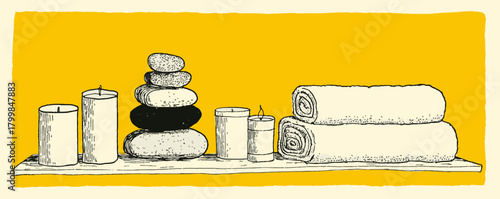 A yellow sign with candles and rocks on it. The candles are lit and the rocks are stacked on top of each other