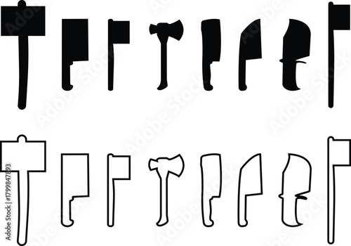 Axe, Hammer, and Knife Icon Set, Collection and Group of Sharp Tool, Weapon, and Blade Symbols, Black Flat and Line Vector Battle Equipment, Woodcutting Tool, and Metal Armory Design