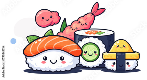 Cute Kawaii Sushi Characters with Happy Faces.
