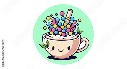 Cute Kawaii Boba Tea Cup with Colorful Bubbles and Straw.
